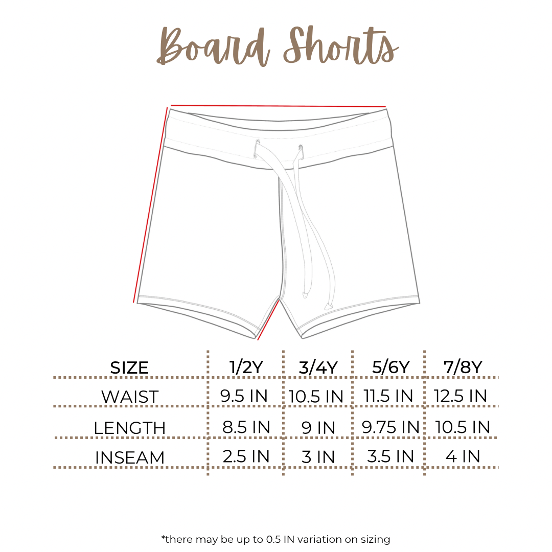 Tiny Roots Board Shorts Sizing Chart